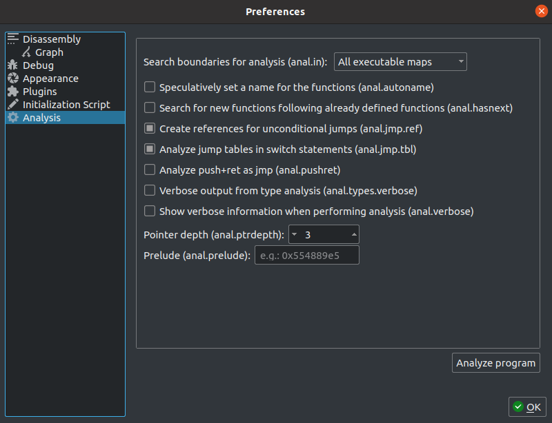 Analysis dialog